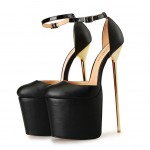 Black Leather Platforms Ankle Straps Gold Metal Sexy Stiletto Mens High Heels Shoes