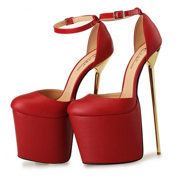 Red Leather Platforms Ankle Straps Gold Metal Sexy Stiletto Mens High Heels Shoes