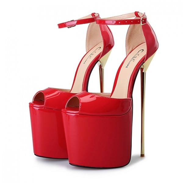 Red Patent Leather Platforms Peeptoe Gold Metal Sexy Stiletto Mens High Heels Shoes