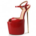 Red Patent Platforms Ankle Straps Peeptoe Gold Metal Sexy Stiletto Mens High Heels Shoes