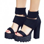 Black Suede Straps Block Chunky Sole High Heels Platforms Sandals Shoes