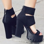 Black Suede Straps Block Chunky Sole High Heels Platforms Sandals Shoes