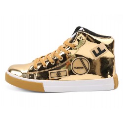Gold Metallic Patches Lace Up High Top Mens Sneakers Shoes