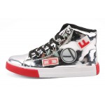 Silver Metallic Patches Lace Up High Top Mens Sneakers Shoes