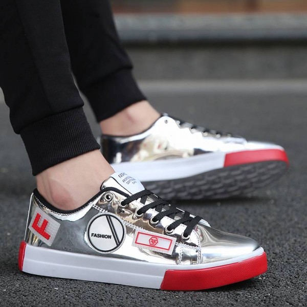 Silver Metallic Patches Lace Up Street Mens Sneakers Shoes