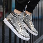 Silver Glittering Sparkle Metallic Lace Up High Top Mens Sneakers Shoes