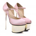Pink Satin Gold Platforms Mary Jane Bridal Stiletto Super High Heels Shoes