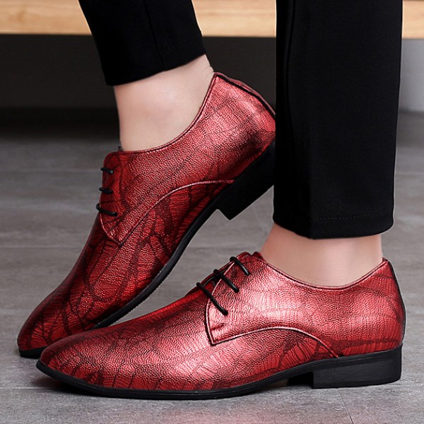 Red Metallic Patterned Pointed Head Lace Up Mens Oxfords Shoes