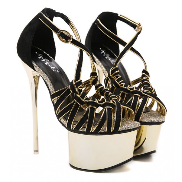 Black Gold Strappy Crisscross Platforms Stiletto Super High Heels Sandals Shoes