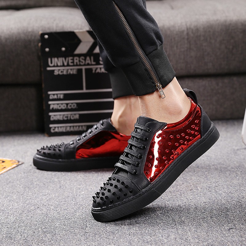 Black Red Metal Spikes Studs Punk Rock Mens High Top Sneakers Shoes