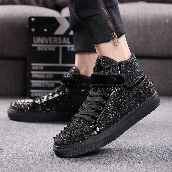 Black Patent Glitter Spikes Punk Rock Mens High Top Lace Up Sneakers Shoes