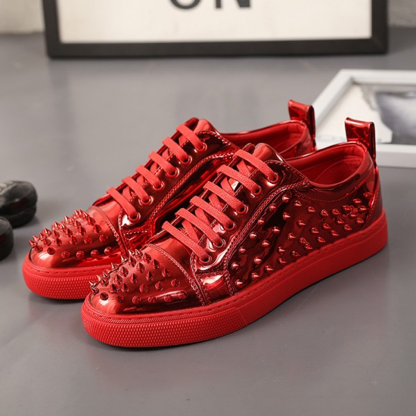 Red Metallic Patent Spikes Punk Rock Mens Lace Up Sneakers Shoes