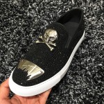 Black Metal Plate Skull Punk Rock Mens Loafers Flats Sneakers Shoes
