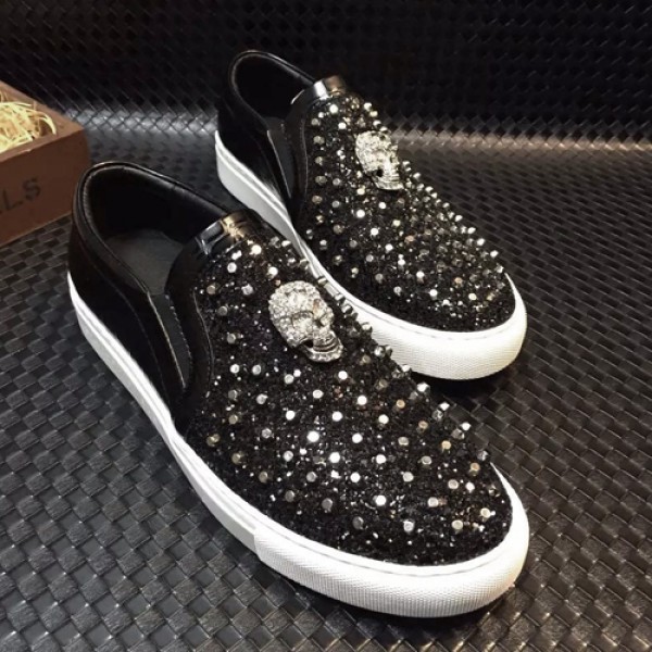 Black Metal Spikes Studs Skull Diamantes Punk Rock Mens Loafers Flats Sneakers Shoes