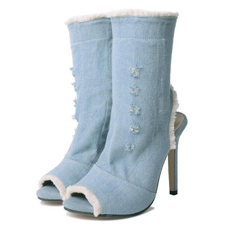 Blue Denim Jeans Peep Toe Lace Up High Heels Ankle Boots Sandals Shoes