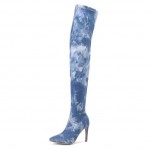 Blue Denim Jeans Pointed Head Long Knees Thigh Stiletto High Heels Boots Shoes