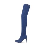 Blue Denim Jeans Pointed Head Long Knees Thigh Stiletto High Heels Boots Shoes