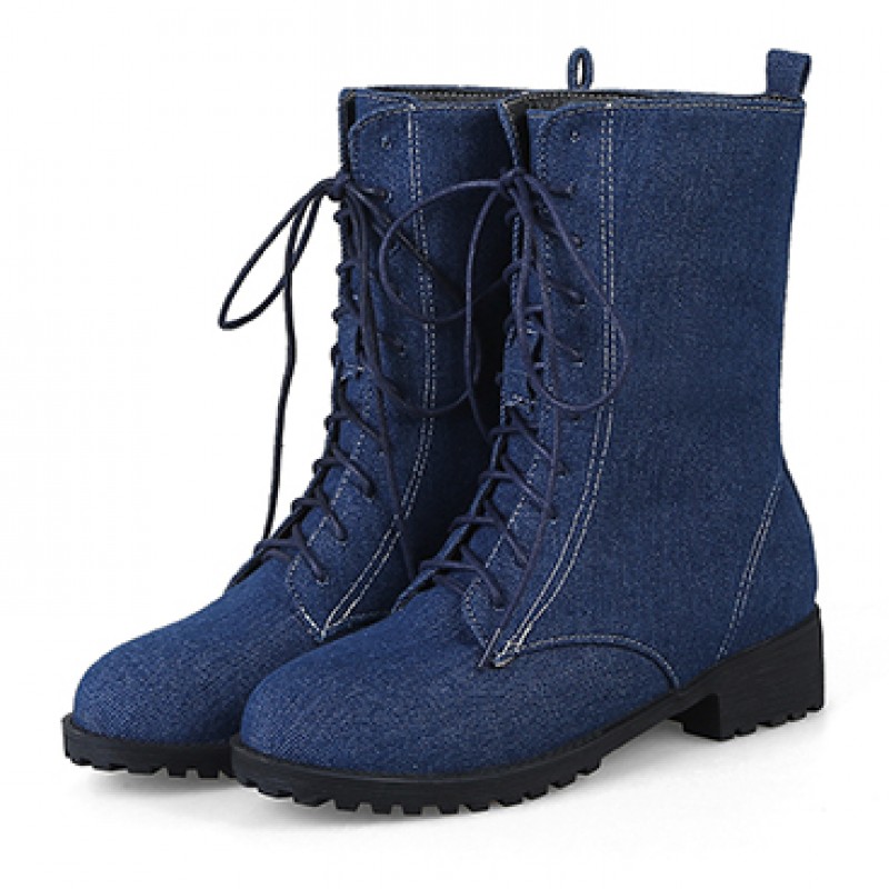 Denim Jeans Lace Up Womens Military Boots Shoes