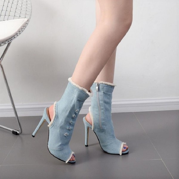 Blue Denim Jeans Peep Toe High Heels Ankle Boots Sandals Shoes