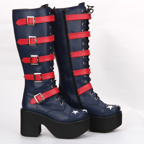 Blue Navy Stars High Top Lolita Platforms Punk Rock Chunky Heels Boots Creepers Shoes