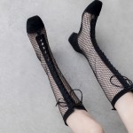 Black Suede Meshed Sheer Long Knee Lace Up Combat Boots Shoes