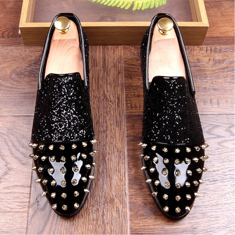  jingyibest Men's Glitter Loafers Spikes Slippers,Formal Porm  Dress Shoes Slip-on Flats Long Rivet Party Wedding Shoes（7.5 ，Black）,  Black-9