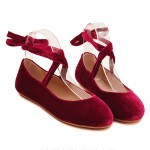 Burgundy Red Velvet Cross Straps Round Head Flats Mary Jane Ballets Ballerina Shoes