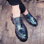 Blue Green Glossy Patent Leather Thick Sole Lace Up Oxfords Flats Dress Shoes