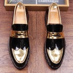 Black Patent Gold Spikes Studs Punk Rock Mens Loafers Flats Dress Shoes