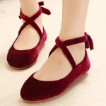 Burgundy Red Velvet Cross Straps Round Head Flats Mary Jane Ballets Ballerina Shoes