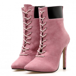 Pink Suede Point Head Lace Up Rider Stiletto High Heels Boots Shoes