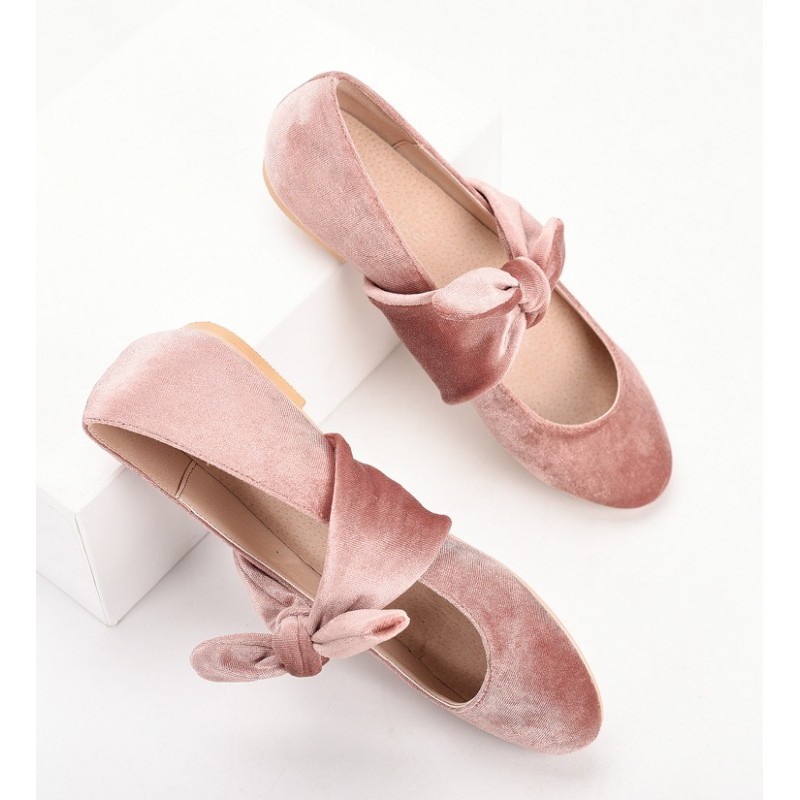 Pink Velvet Bow Round Head Flats Mary Jane Ballets