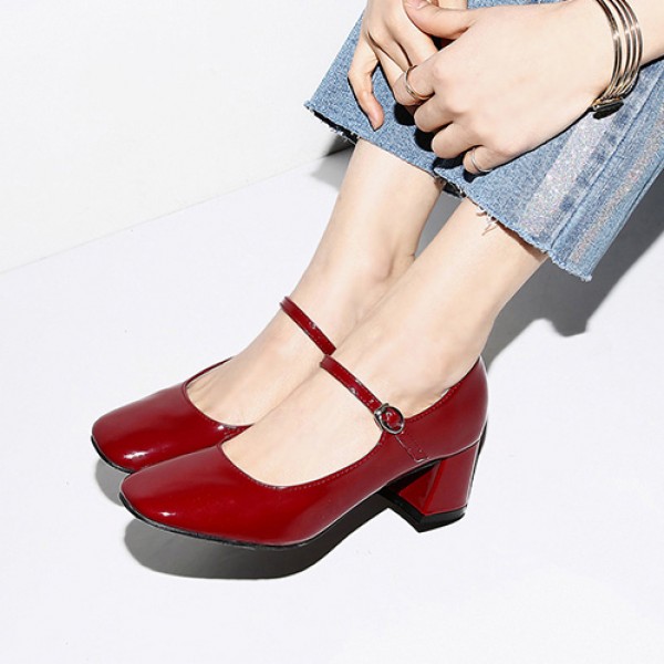 Red Black Beige Patent Blunt Head Block Heels Mary Jane Ballets Ballerina Shoes