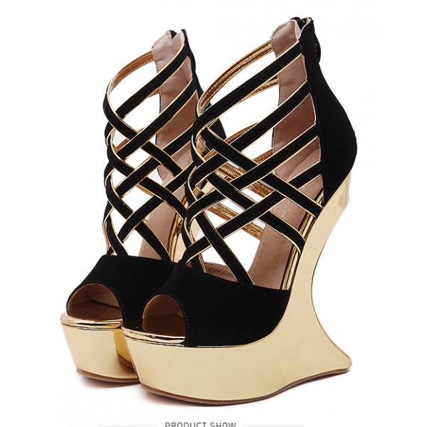 Black Gold Crisscross Strappy Platforms Weird Heels Wedges Sandals Shoes