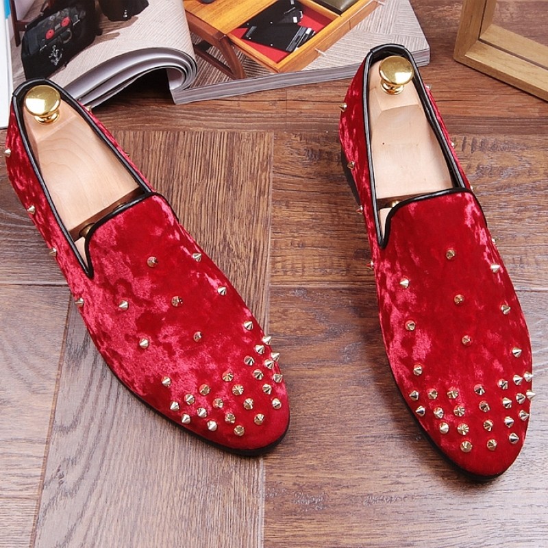 Red Velvet Spikes Punk Rock Mens Loafers Flats Shoes