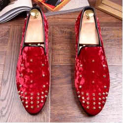 Red Velvet Spikes Punk Rock Mens Loafers Flats Shoes