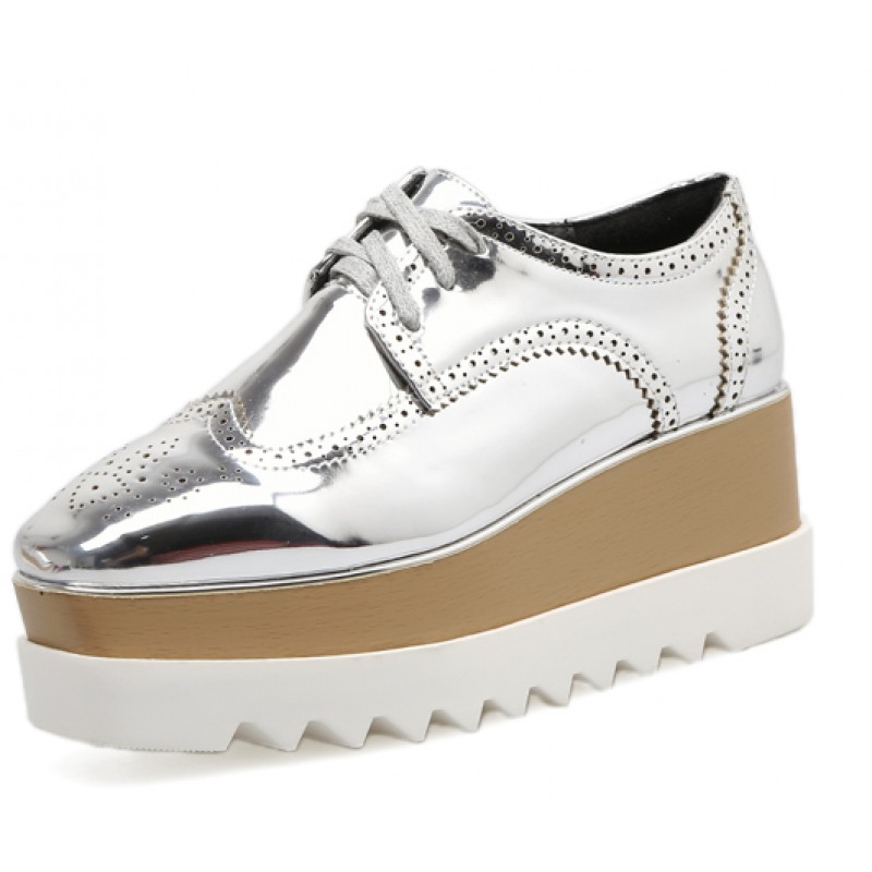 Silver Metallic Patent Leather Lace Up Platforms Wedges Oxfords Shoes