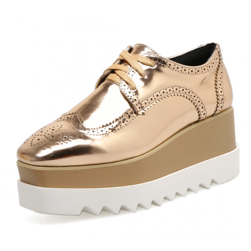 Gold Metallic Patent Leather Lace Up Platforms Wedges Oxfords Shoes