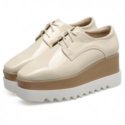 Beige Patent Leather Lace Up Platforms Wedges Oxfords Shoes