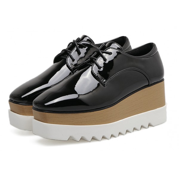 Black Patent Leather Lace Up Platforms Wedges Oxfords Shoes