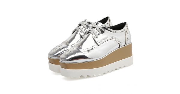 Silver Metallic Patent Leather Lace Up Platforms Wedges Oxfords Shoes