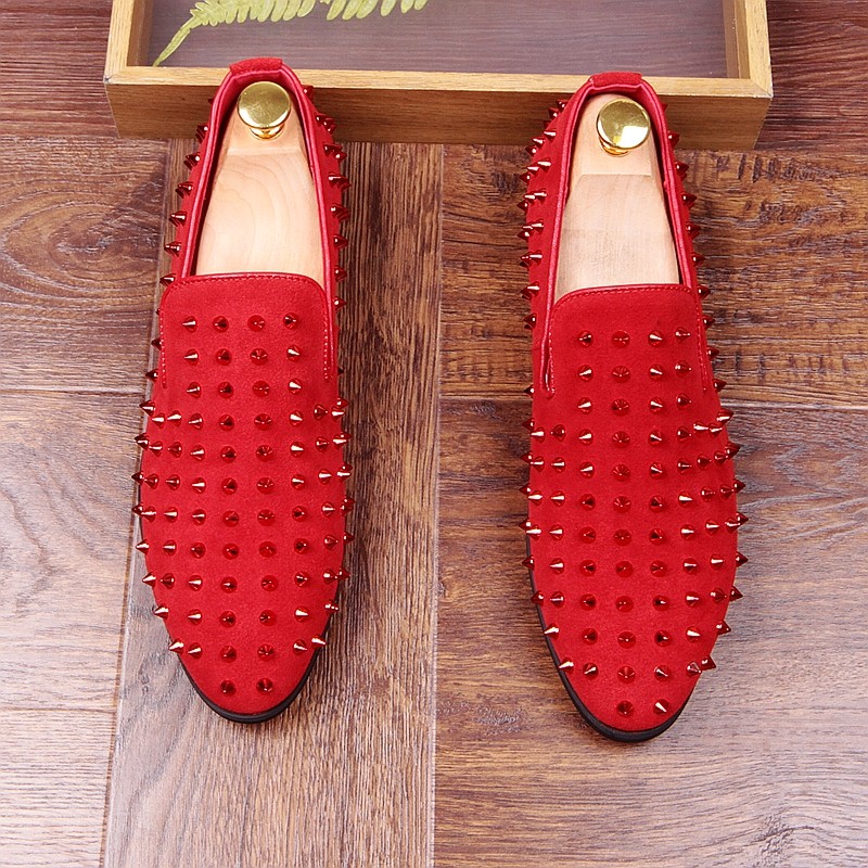 Handmade Men's Spikes Loafers Dress Shoes with Red Bottom Slip on  Slippers Flats