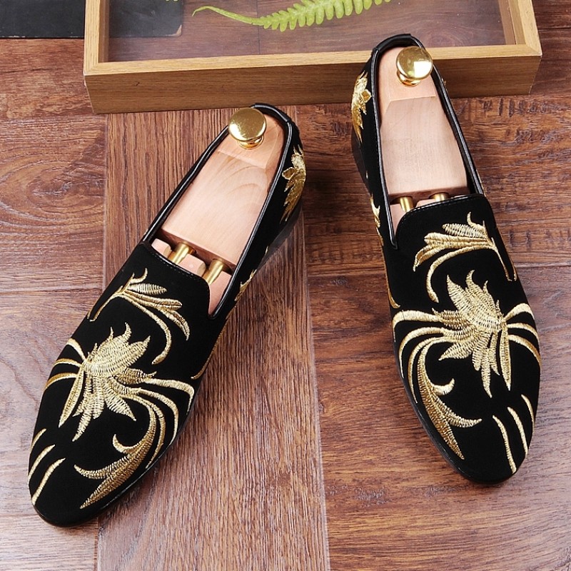 Black Suede Gold Embroidery Fleur-De-Lys Mens Loafers Flats Thick Sole  Dress Shoes