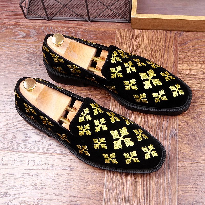 Black Suede Gold Embroidery Fleur-De-Lys Mens Loafers Flats Thick Sole  Dress Shoes