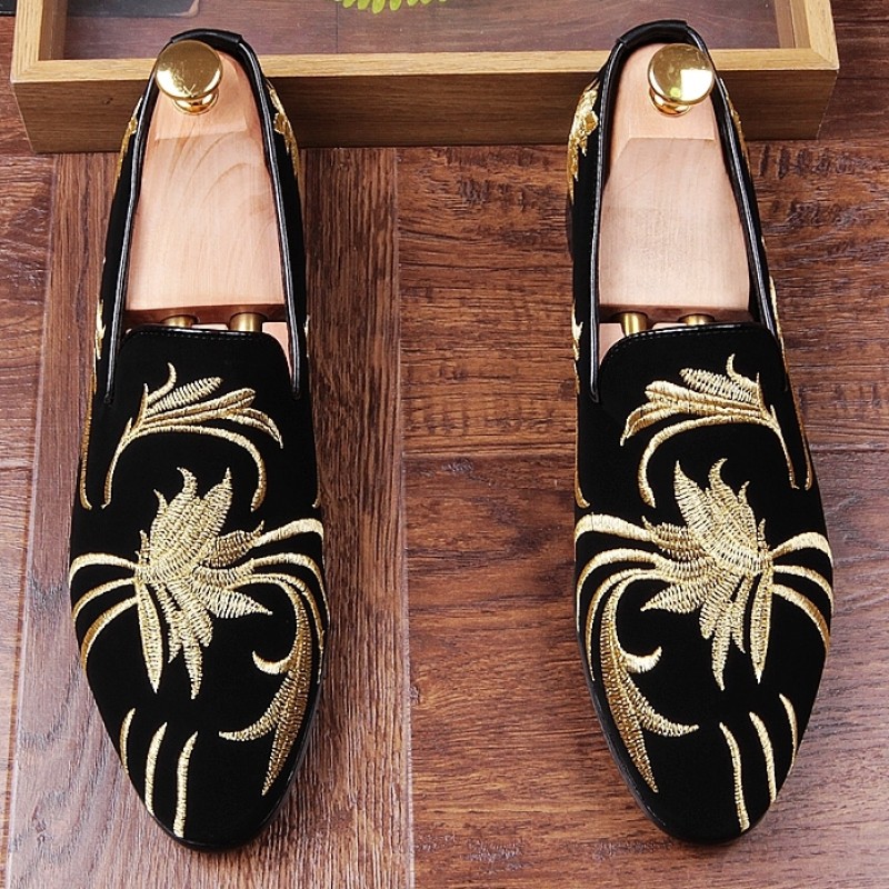tæmme Utænkelig symbol Black Gold Suede Embroidery Mens Oxfords Loafers Dress Shoes Flats