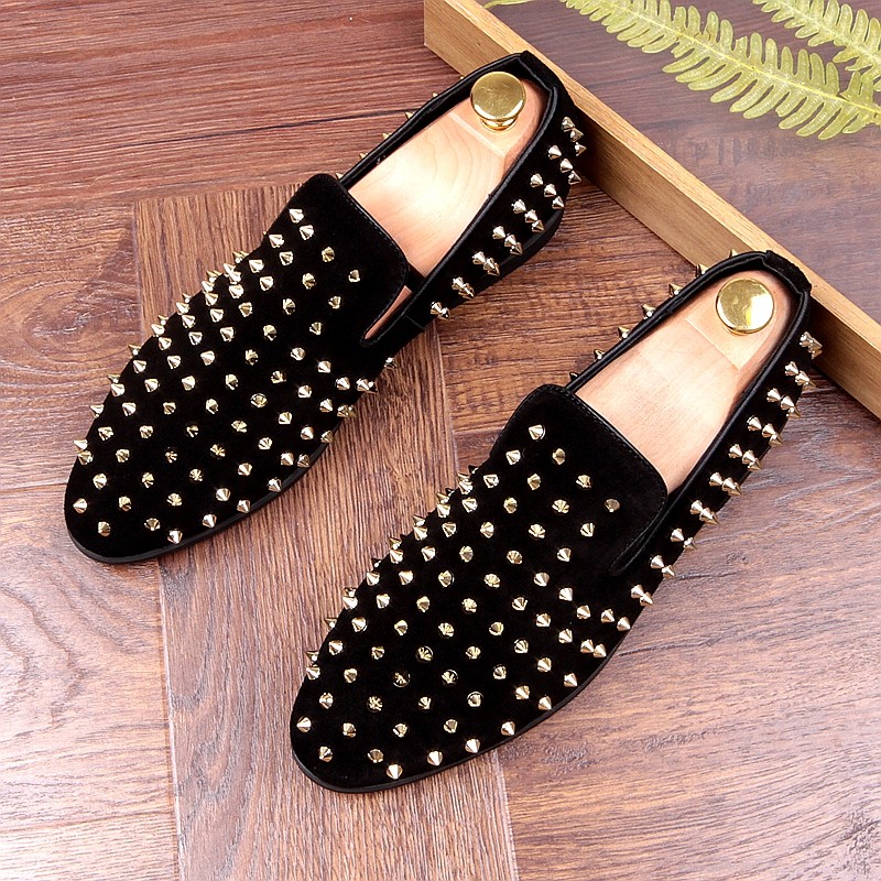 black and gold loafers with spikes