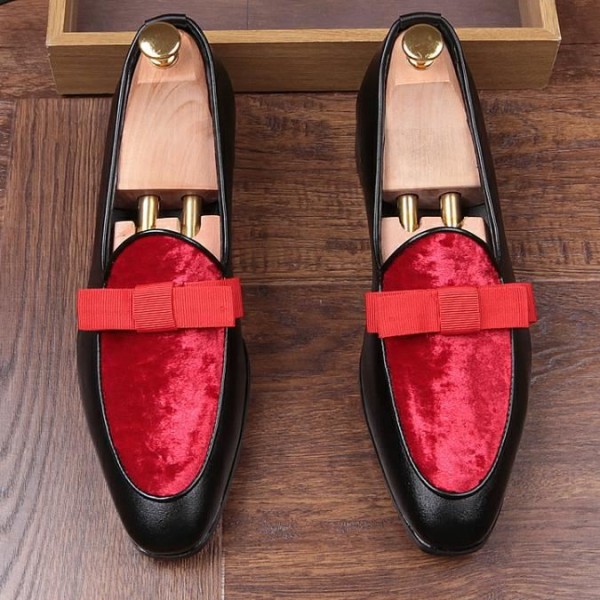 Black Red Velvet Suede Bow Mens Oxfords Loafers Dress Shoes Flats
