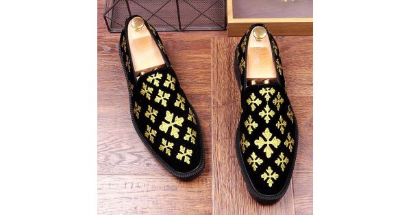 Black Suede Gold Embroidery Fleur-De-Lys Mens Loafers Flats Thick Sole  Dress Shoes