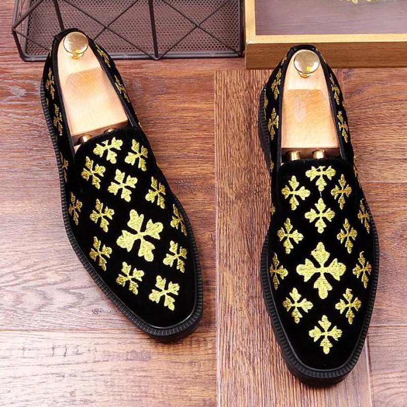 black and gold suede loafers