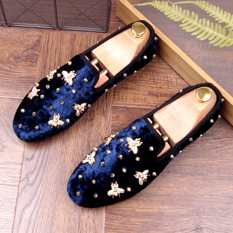 Blue Navy Suede Gold Bees Spike Studs 
